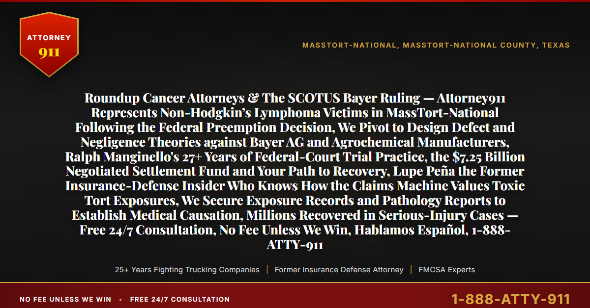Roundup Cancer Attorneys & The SCOTUS Bayer Ruling — Attorney911 Represents Non-Hodgkin’s Lymphoma Victims in MassTort-National Following the Federal Preemption Decision, We Pivot to Design Defect and Negligence Theories against Bayer AG and Agrochemical Manufacturers, Ralph Manginello's 27+ Years of Federal-Court Trial Practice, the $7.25 Billion Negotiated Settlement Fund and Your Path to Recovery, Lupe Peña the Former Insurance-Defense Insider Who Knows How the Claims Machine Values Toxic Tort Exposures, We Secure Exposure Records and Pathology Reports to Establish Medical Causation, Millions Recovered in Serious-Injury Cases — Free 24/7 Consultation, No Fee Unless We Win, Hablamos Español, 1-888-ATTY-911 - Attorney911