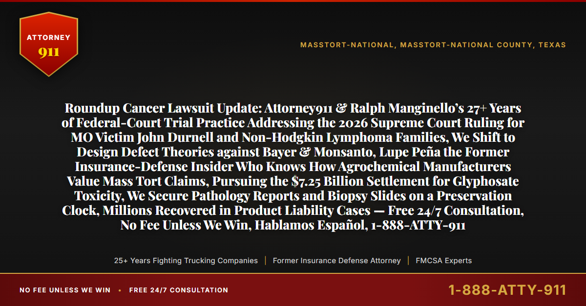 Roundup Cancer Lawsuit Update: Attorney911 & Ralph Manginello’s 27+ Years of Federal-Court Trial Practice Addressing the 2026 Supreme Court Ruling for MO Victim John Durnell and Non-Hodgkin Lymphoma Families, We Shift to Design Defect Theories against Bayer & Monsanto, Lupe Peña the Former Insurance-Defense Insider Who Knows How Agrochemical Manufacturers Value Mass Tort Claims, Pursuing the $7.25 Billion Settlement for Glyphosate Toxicity, We Secure Pathology Reports and Biopsy Slides on a Preservation Clock, Millions Recovered in Product Liability Cases — Free 24/7 Consultation, No Fee Unless We Win, Hablamos Español, 1-888-ATTY-911 - Attorney911