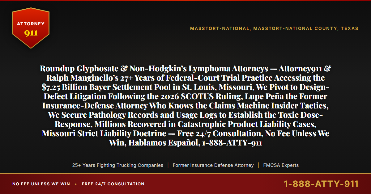 Roundup Glyphosate & Non-Hodgkin’s Lymphoma Attorneys — Attorney911 & Ralph Manginello’s 27+ Years of Federal-Court Trial Practice Accessing the $7.25 Billion Bayer Settlement Pool in St. Louis, Missouri, We Pivot to Design-Defect Litigation Following the 2026 SCOTUS Ruling, Lupe Peña the Former Insurance-Defense Attorney Who Knows the Claims Machine Insider Tactics, We Secure Pathology Records and Usage Logs to Establish the Toxic Dose-Response, Millions Recovered in Catastrophic Product Liability Cases, Missouri Strict Liability Doctrine — Free 24/7 Consultation, No Fee Unless We Win, Hablamos Español, 1-888-ATTY-911 - Attorney911