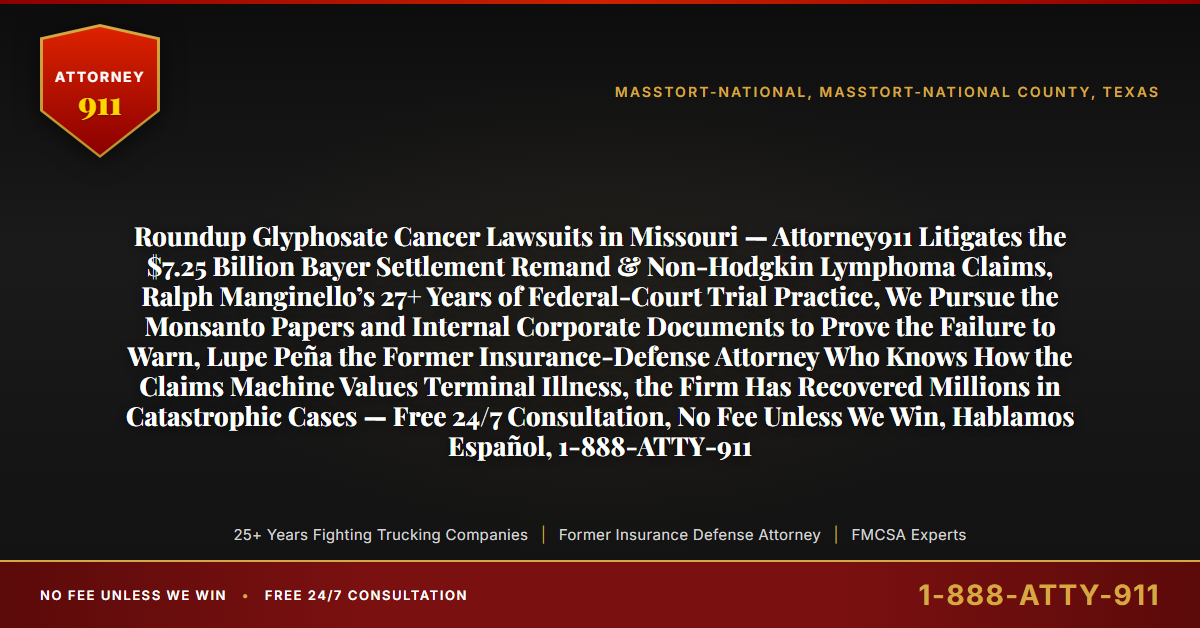 Roundup Glyphosate Cancer Lawsuits in Missouri — Attorney911 Litigates the $7.25 Billion Bayer Settlement Remand & Non-Hodgkin Lymphoma Claims, Ralph Manginello’s 27+ Years of Federal-Court Trial Practice, We Pursue the Monsanto Papers and Internal Corporate Documents to Prove the Failure to Warn, Lupe Peña the Former Insurance-Defense Attorney Who Knows How the Claims Machine Values Terminal Illness, the Firm Has Recovered Millions in Catastrophic Cases — Free 24/7 Consultation, No Fee Unless We Win, Hablamos Español, 1-888-ATTY-911 - Attorney911