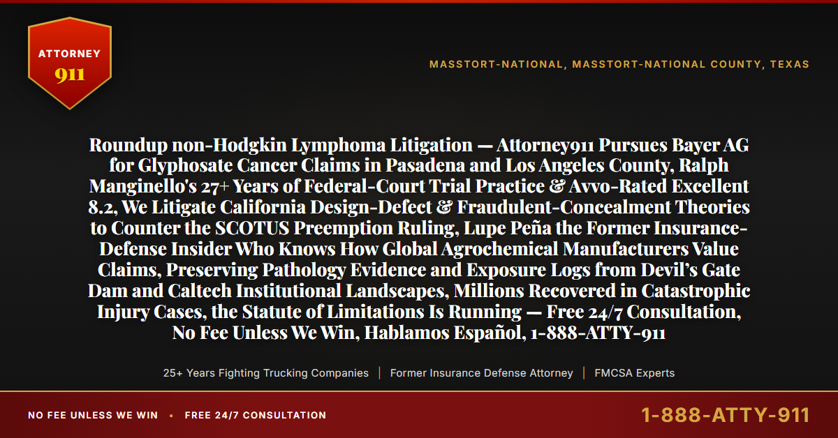 Roundup non-Hodgkin Lymphoma Litigation — Attorney911 Pursues Bayer AG for Glyphosate Cancer Claims in Pasadena and Los Angeles County, Ralph Manginello's 27+ Years of Federal-Court Trial Practice & Avvo-Rated Excellent 8.2, We Litigate California Design-Defect & Fraudulent-Concealment Theories to Counter the SCOTUS Preemption Ruling, Lupe Peña the Former Insurance-Defense Insider Who Knows How Global Agrochemical Manufacturers Value Claims, Preserving Pathology Evidence and Exposure Logs from Devil’s Gate Dam and Caltech Institutional Landscapes, Millions Recovered in Catastrophic Injury Cases, the Statute of Limitations Is Running — Free 24/7 Consultation, No Fee Unless We Win, Hablamos Español, 1-888-ATTY-911 - Attorney911