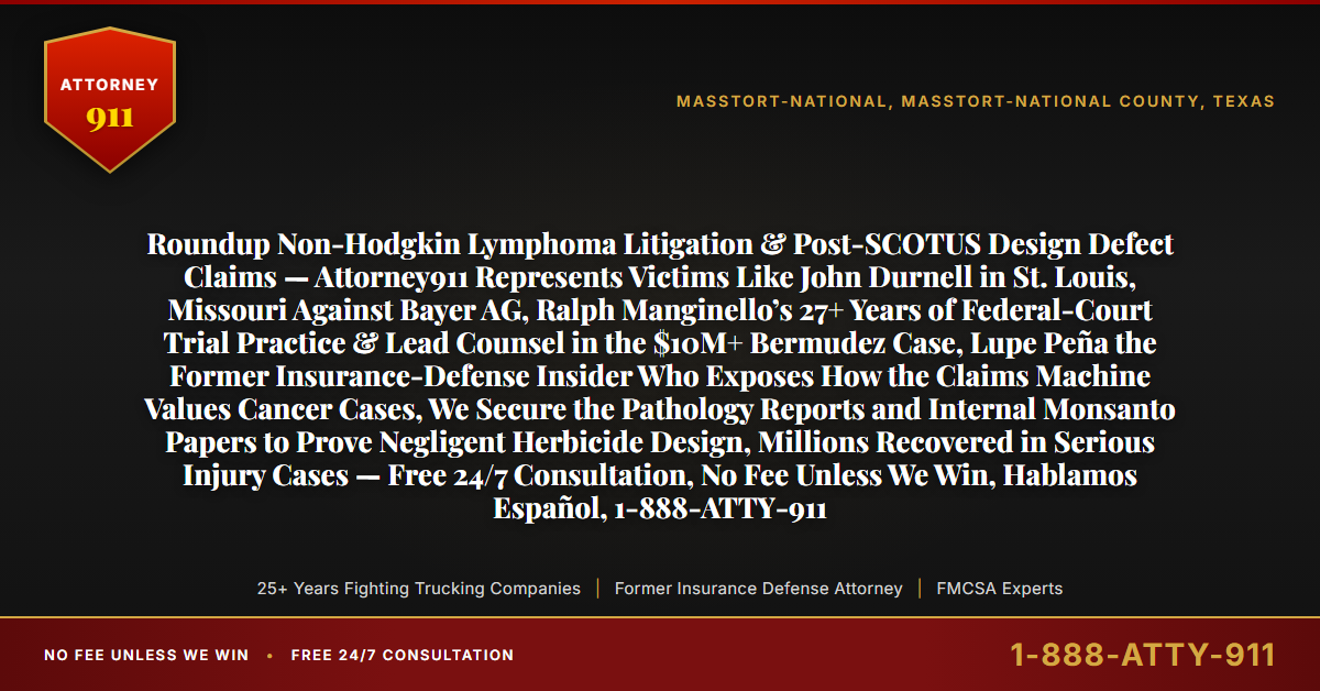 Roundup Non-Hodgkin Lymphoma Litigation & Post-SCOTUS Design Defect Claims — Attorney911 Represents Victims Like John Durnell in St. Louis, Missouri Against Bayer AG, Ralph Manginello’s 27+ Years of Federal-Court Trial Practice & Lead Counsel in the $10M+ Bermudez Case, Lupe Peña the Former Insurance-Defense Insider Who Exposes How the Claims Machine Values Cancer Cases, We Secure the Pathology Reports and Internal Monsanto Papers to Prove Negligent Herbicide Design, Millions Recovered in Serious Injury Cases — Free 24/7 Consultation, No Fee Unless We Win, Hablamos Español, 1-888-ATTY-911 - Attorney911