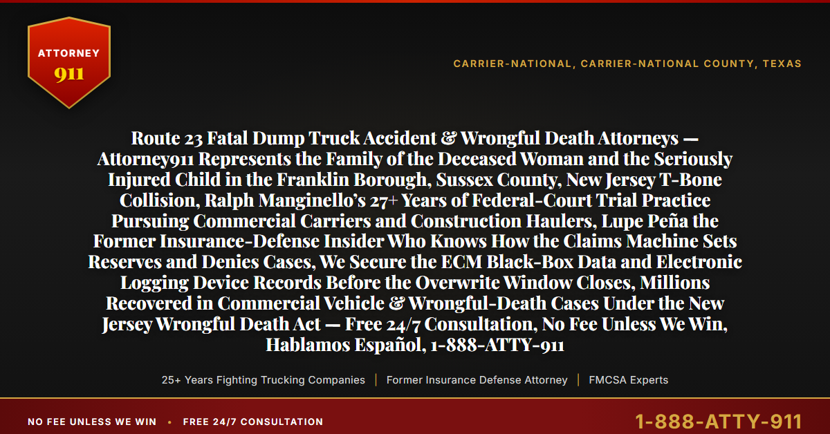 Route 23 Fatal Dump Truck Accident & Wrongful Death Attorneys — Attorney911 Represents the Family of the Deceased Woman and the Seriously Injured Child in the Franklin Borough, Sussex County, New Jersey T-Bone Collision, Ralph Manginello’s 27+ Years of Federal-Court Trial Practice Pursuing Commercial Carriers and Construction Haulers, Lupe Peña the Former Insurance-Defense Insider Who Knows How the Claims Machine Sets Reserves and Denies Cases, We Secure the ECM Black-Box Data and Electronic Logging Device Records Before the Overwrite Window Closes, Millions Recovered in Commercial Vehicle & Wrongful-Death Cases Under the New Jersey Wrongful Death Act — Free 24/7 Consultation, No Fee Unless We Win, Hablamos Español, 1-888-ATTY-911 - Attorney911