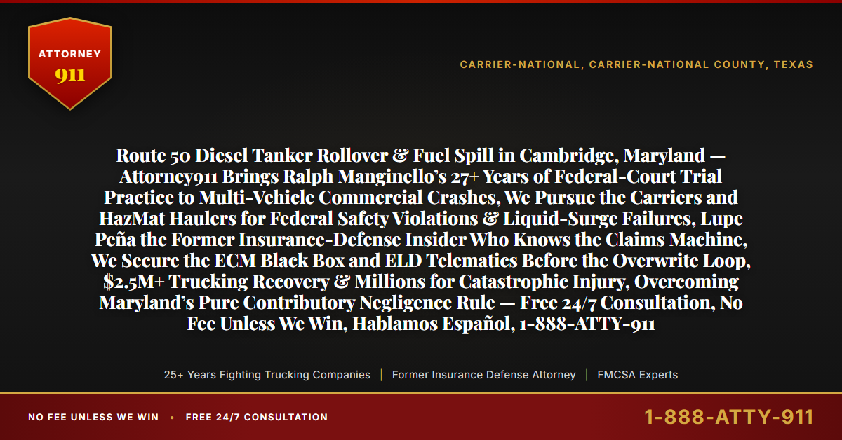 Route 50 Diesel Tanker Rollover & Fuel Spill in Cambridge, Maryland — Attorney911 Brings Ralph Manginello’s 27+ Years of Federal-Court Trial Practice to Multi-Vehicle Commercial Crashes, We Pursue the Carriers and HazMat Haulers for Federal Safety Violations & Liquid-Surge Failures, Lupe Peña the Former Insurance-Defense Insider Who Knows the Claims Machine, We Secure the ECM Black Box and ELD Telematics Before the Overwrite Loop, $2.5M+ Trucking Recovery & Millions for Catastrophic Injury, Overcoming Maryland’s Pure Contributory Negligence Rule — Free 24/7 Consultation, No Fee Unless We Win, Hablamos Español, 1-888-ATTY-911 - Attorney911