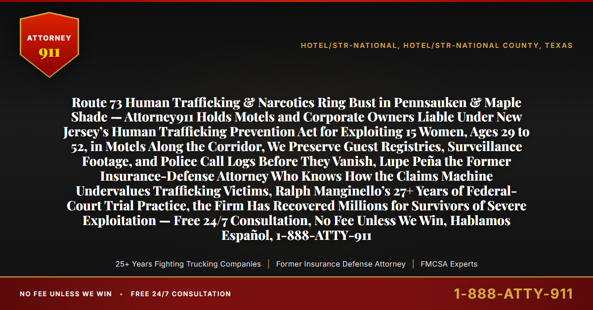Route 73 Human Trafficking & Narcotics Ring Bust in Pennsauken & Maple Shade — Attorney911 Holds Motels and Corporate Owners Liable Under New Jersey’s Human Trafficking Prevention Act for Exploiting 15 Women, Ages 29 to 52, in Motels Along the Corridor, We Preserve Guest Registries, Surveillance Footage, and Police Call Logs Before They Vanish, Lupe Peña the Former Insurance-Defense Attorney Who Knows How the Claims Machine Undervalues Trafficking Victims, Ralph Manginello’s 27+ Years of Federal-Court Trial Practice, the Firm Has Recovered Millions for Survivors of Severe Exploitation — Free 24/7 Consultation, No Fee Unless We Win, Hablamos Español, 1-888-ATTY-911 - Attorney911