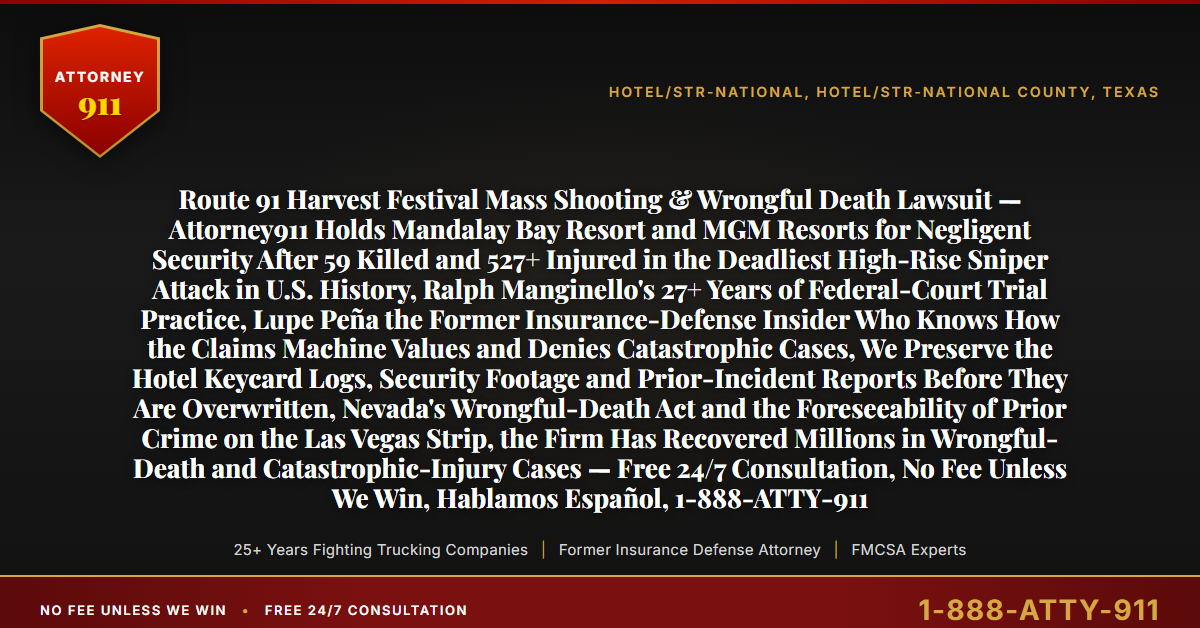 Route 91 Harvest Festival Mass Shooting & Wrongful Death Lawsuit — Attorney911 Holds Mandalay Bay Resort and MGM Resorts for Negligent Security After 59 Killed and 527+ Injured in the Deadliest High-Rise Sniper Attack in U.S. History, Ralph Manginello's 27+ Years of Federal-Court Trial Practice, Lupe Peña the Former Insurance-Defense Insider Who Knows How the Claims Machine Values and Denies Catastrophic Cases, We Preserve the Hotel Keycard Logs, Security Footage and Prior-Incident Reports Before They Are Overwritten, Nevada's Wrongful-Death Act and the Foreseeability of Prior Crime on the Las Vegas Strip, the Firm Has Recovered Millions in Wrongful-Death and Catastrophic-Injury Cases — Free 24/7 Consultation, No Fee Unless We Win, Hablamos Español, 1-888-ATTY-911 - Attorney911