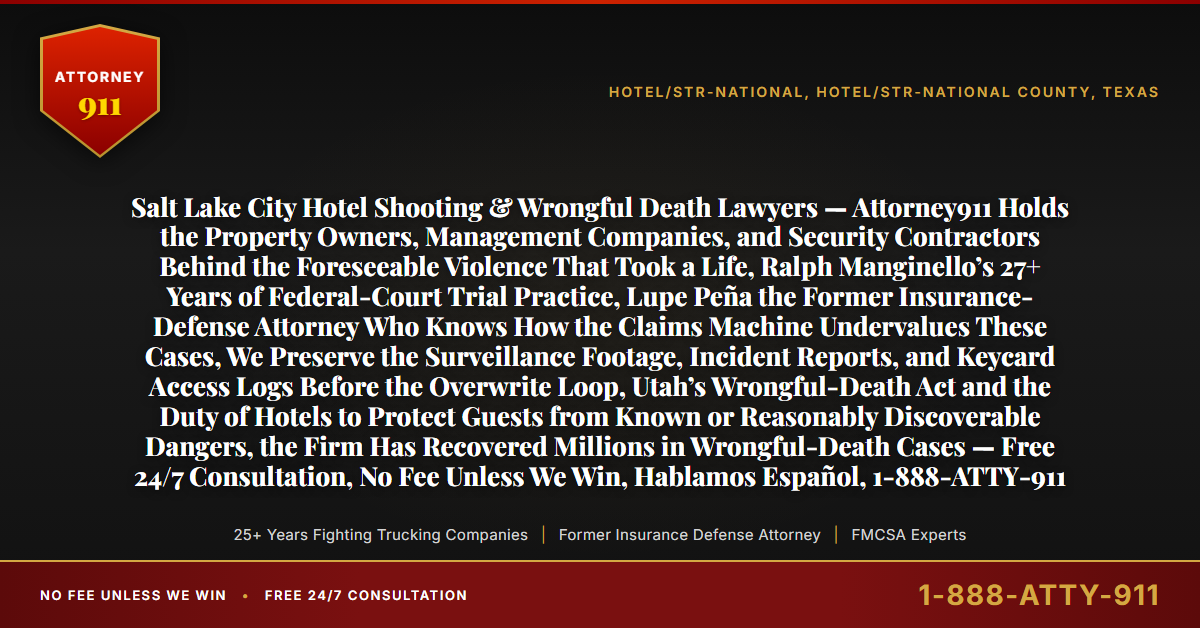 Salt Lake City Hotel Shooting & Wrongful Death Lawyers — Attorney911 Holds the Property Owners, Management Companies, and Security Contractors Behind the Foreseeable Violence That Took a Life, Ralph Manginello’s 27+ Years of Federal-Court Trial Practice, Lupe Peña the Former Insurance-Defense Attorney Who Knows How the Claims Machine Undervalues These Cases, We Preserve the Surveillance Footage, Incident Reports, and Keycard Access Logs Before the Overwrite Loop, Utah’s Wrongful-Death Act and the Duty of Hotels to Protect Guests from Known or Reasonably Discoverable Dangers, the Firm Has Recovered Millions in Wrongful-Death Cases — Free 24/7 Consultation, No Fee Unless We Win, Hablamos Español, 1-888-ATTY-911 - Attorney911