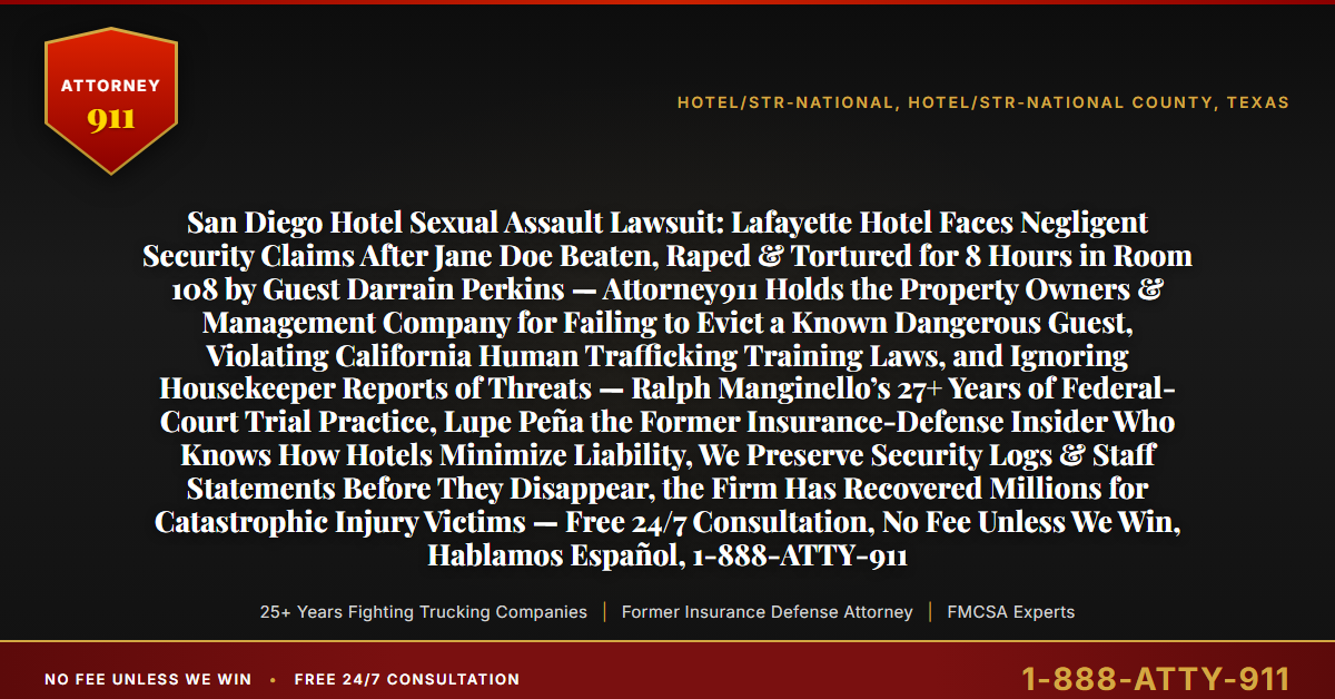San Diego Hotel Sexual Assault Lawsuit: Lafayette Hotel Faces Negligent Security Claims After Jane Doe Beaten, Raped & Tortured for 8 Hours in Room 108 by Guest Darrain Perkins — Attorney911 Holds the Property Owners & Management Company for Failing to Evict a Known Dangerous Guest, Violating California Human Trafficking Training Laws, and Ignoring Housekeeper Reports of Threats — Ralph Manginello’s 27+ Years of Federal-Court Trial Practice, Lupe Peña the Former Insurance-Defense Insider Who Knows How Hotels Minimize Liability, We Preserve Security Logs & Staff Statements Before They Disappear, the Firm Has Recovered Millions for Catastrophic Injury Victims — Free 24/7 Consultation, No Fee Unless We Win, Hablamos Español, 1-888-ATTY-911 - Attorney911