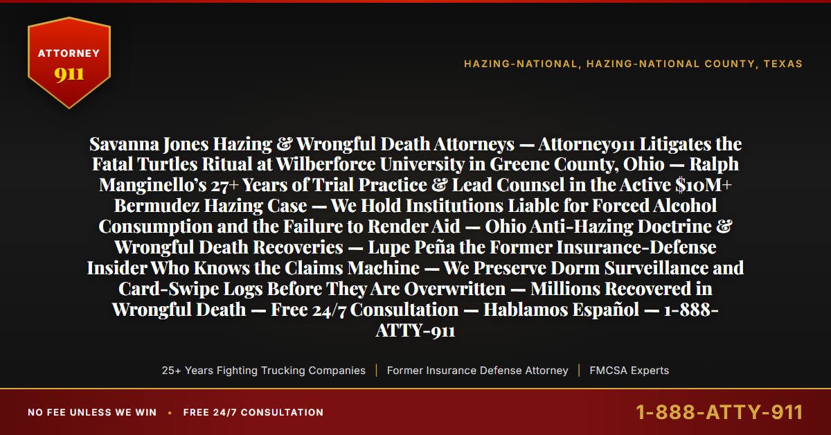 Savanna Jones Hazing & Wrongful Death Attorneys — Attorney911 Litigates the Fatal Turtles Ritual at Wilberforce University in Greene County, Ohio — Ralph Manginello’s 27+ Years of Trial Practice & Lead Counsel in the Active $10M+ Bermudez Hazing Case — We Hold Institutions Liable for Forced Alcohol Consumption and the Failure to Render Aid — Ohio Anti-Hazing Doctrine & Wrongful Death Recoveries — Lupe Peña the Former Insurance-Defense Insider Who Knows the Claims Machine — We Preserve Dorm Surveillance and Card-Swipe Logs Before They Are Overwritten — Millions Recovered in Wrongful Death — Free 24/7 Consultation — Hablamos Español — 1-888-ATTY-911 - Attorney911