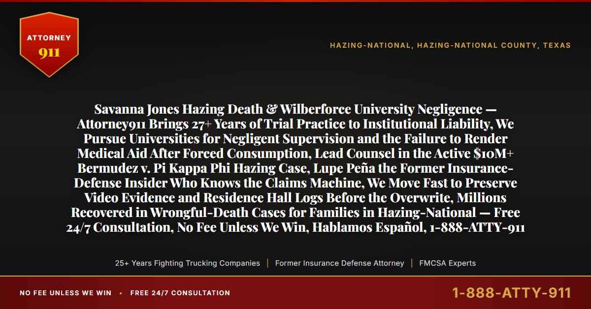 Savanna Jones Hazing Death & Wilberforce University Negligence — Attorney911 Brings 27+ Years of Trial Practice to Institutional Liability, We Pursue Universities for Negligent Supervision and the Failure to Render Medical Aid After Forced Consumption, Lead Counsel in the Active $10M+ Bermudez v. Pi Kappa Phi Hazing Case, Lupe Peña the Former Insurance-Defense Insider Who Knows the Claims Machine, We Move Fast to Preserve Video Evidence and Residence Hall Logs Before the Overwrite, Millions Recovered in Wrongful-Death Cases for Families in Hazing-National — Free 24/7 Consultation, No Fee Unless We Win, Hablamos Español, 1-888-ATTY-911 - Attorney911