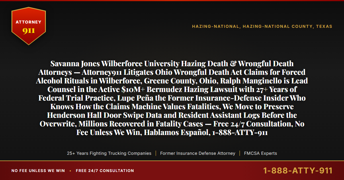 Savanna Jones Wilberforce University Hazing Death & Wrongful Death Attorneys — Attorney911 Litigates Ohio Wrongful Death Act Claims for Forced Alcohol Rituals in Wilberforce, Greene County, Ohio, Ralph Manginello is Lead Counsel in the Active $10M+ Bermudez Hazing Lawsuit with 27+ Years of Federal Trial Practice, Lupe Peña the Former Insurance-Defense Insider Who Knows How the Claims Machine Values Fatalities, We Move to Preserve Henderson Hall Door Swipe Data and Resident Assistant Logs Before the Overwrite, Millions Recovered in Fatality Cases — Free 24/7 Consultation, No Fee Unless We Win, Hablamos Español, 1-888-ATTY-911 - Attorney911