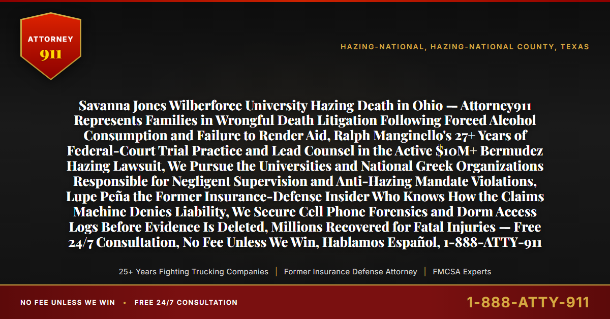Savanna Jones Wilberforce University Hazing Death in Ohio — Attorney911 Represents Families in Wrongful Death Litigation Following Forced Alcohol Consumption and Failure to Render Aid, Ralph Manginello's 27+ Years of Federal-Court Trial Practice and Lead Counsel in the Active $10M+ Bermudez Hazing Lawsuit, We Pursue the Universities and National Greek Organizations Responsible for Negligent Supervision and Anti-Hazing Mandate Violations, Lupe Peña the Former Insurance-Defense Insider Who Knows How the Claims Machine Denies Liability, We Secure Cell Phone Forensics and Dorm Access Logs Before Evidence Is Deleted, Millions Recovered for Fatal Injuries — Free 24/7 Consultation, No Fee Unless We Win, Hablamos Español, 1-888-ATTY-911 - Attorney911