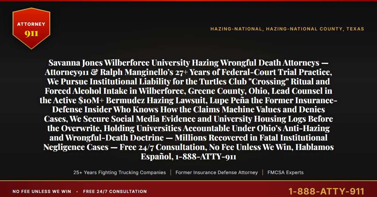 Savanna Jones Wilberforce University Hazing Wrongful Death Attorneys — Attorney911 & Ralph Manginello’s 27+ Years of Federal-Court Trial Practice, We Pursue Institutional Liability for the Turtles Club 
