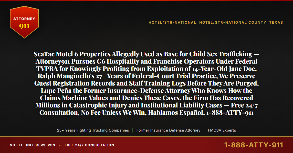 SeaTac Motel 6 Properties Allegedly Used as Base for Child Sex Trafficking — Attorney911 Pursues G6 Hospitality and Franchise Operators Under Federal TVPRA for Knowingly Profiting from Exploitation of 14-Year-Old Jane Doe, Ralph Manginello's 27+ Years of Federal-Court Trial Practice, We Preserve Guest Registration Records and Staff Training Logs Before They Are Purged, Lupe Peña the Former Insurance-Defense Attorney Who Knows How the Claims Machine Values and Denies These Cases, the Firm Has Recovered Millions in Catastrophic Injury and Institutional Liability Cases — Free 24/7 Consultation, No Fee Unless We Win, Hablamos Español, 1-888-ATTY-911 - Attorney911