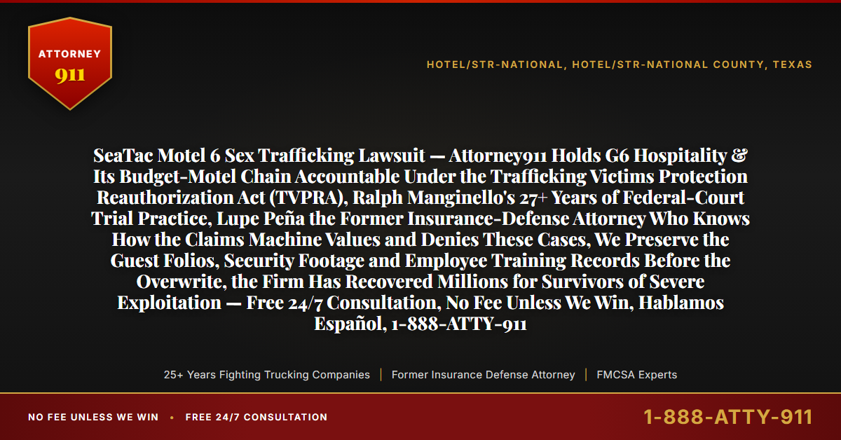 SeaTac Motel 6 Sex Trafficking Lawsuit — Attorney911 Holds G6 Hospitality & Its Budget-Motel Chain Accountable Under the Trafficking Victims Protection Reauthorization Act (TVPRA), Ralph Manginello's 27+ Years of Federal-Court Trial Practice, Lupe Peña the Former Insurance-Defense Attorney Who Knows How the Claims Machine Values and Denies These Cases, We Preserve the Guest Folios, Security Footage and Employee Training Records Before the Overwrite, the Firm Has Recovered Millions for Survivors of Severe Exploitation — Free 24/7 Consultation, No Fee Unless We Win, Hablamos Español, 1-888-ATTY-911 - Attorney911