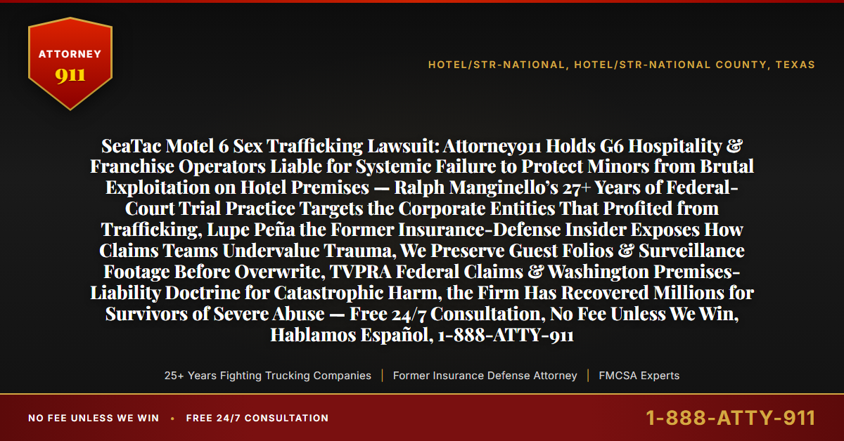 SeaTac Motel 6 Sex Trafficking Lawsuit: Attorney911 Holds G6 Hospitality & Franchise Operators Liable for Systemic Failure to Protect Minors from Brutal Exploitation on Hotel Premises — Ralph Manginello’s 27+ Years of Federal-Court Trial Practice Targets the Corporate Entities That Profited from Trafficking, Lupe Peña the Former Insurance-Defense Insider Exposes How Claims Teams Undervalue Trauma, We Preserve Guest Folios & Surveillance Footage Before Overwrite, TVPRA Federal Claims & Washington Premises-Liability Doctrine for Catastrophic Harm, the Firm Has Recovered Millions for Survivors of Severe Abuse — Free 24/7 Consultation, No Fee Unless We Win, Hablamos Español, 1-888-ATTY-911 - Attorney911