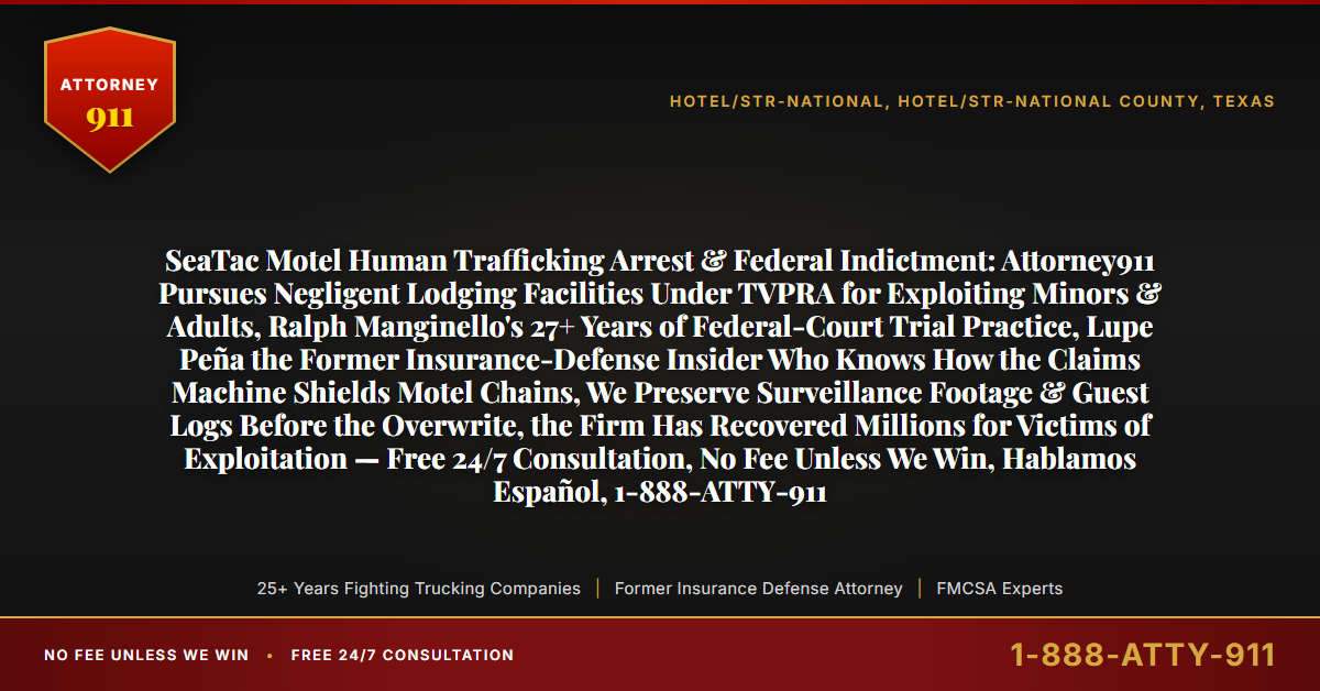 SeaTac Motel Human Trafficking Arrest & Federal Indictment: Attorney911 Pursues Negligent Lodging Facilities Under TVPRA for Exploiting Minors & Adults, Ralph Manginello's 27+ Years of Federal-Court Trial Practice, Lupe Peña the Former Insurance-Defense Insider Who Knows How the Claims Machine Shields Motel Chains, We Preserve Surveillance Footage & Guest Logs Before the Overwrite, the Firm Has Recovered Millions for Victims of Exploitation — Free 24/7 Consultation, No Fee Unless We Win, Hablamos Español, 1-888-ATTY-911 - Attorney911