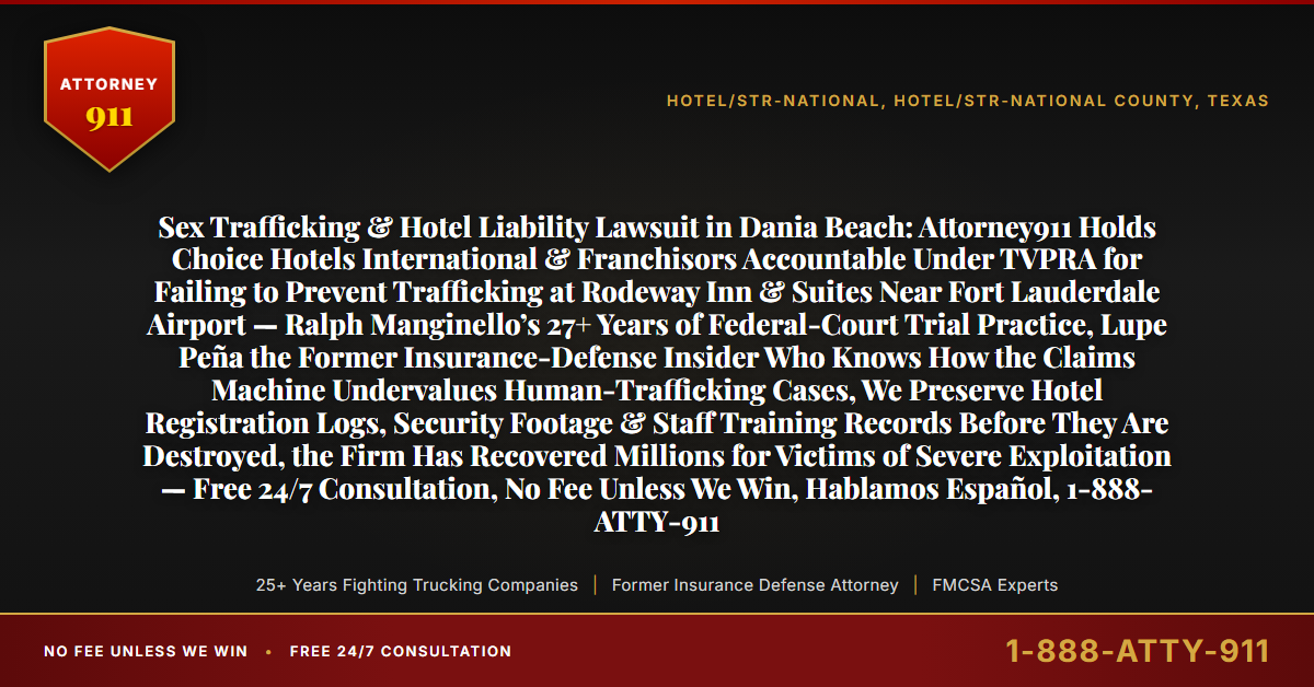 Sex Trafficking & Hotel Liability Lawsuit in Dania Beach: Attorney911 Holds Choice Hotels International & Franchisors Accountable Under TVPRA for Failing to Prevent Trafficking at Rodeway Inn & Suites Near Fort Lauderdale Airport — Ralph Manginello’s 27+ Years of Federal-Court Trial Practice, Lupe Peña the Former Insurance-Defense Insider Who Knows How the Claims Machine Undervalues Human-Trafficking Cases, We Preserve Hotel Registration Logs, Security Footage & Staff Training Records Before They Are Destroyed, the Firm Has Recovered Millions for Victims of Severe Exploitation — Free 24/7 Consultation, No Fee Unless We Win, Hablamos Español, 1-888-ATTY-911 - Attorney911
