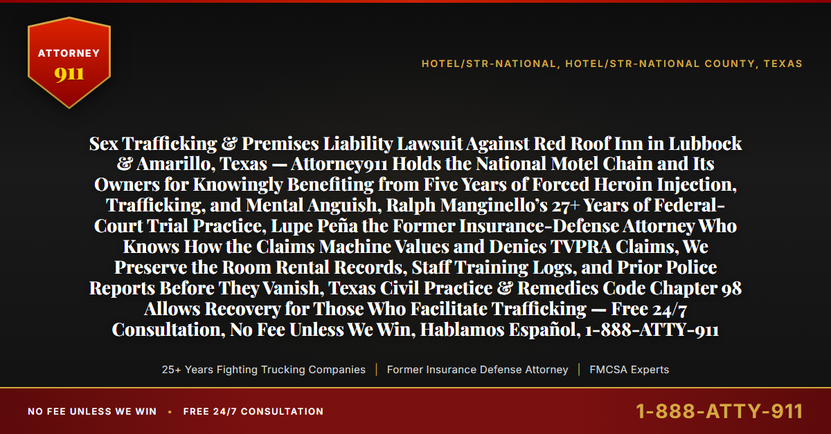 Sex Trafficking & Premises Liability Lawsuit Against Red Roof Inn in Lubbock & Amarillo, Texas — Attorney911 Holds the National Motel Chain and Its Owners for Knowingly Benefiting from Five Years of Forced Heroin Injection, Trafficking, and Mental Anguish, Ralph Manginello’s 27+ Years of Federal-Court Trial Practice, Lupe Peña the Former Insurance-Defense Attorney Who Knows How the Claims Machine Values and Denies TVPRA Claims, We Preserve the Room Rental Records, Staff Training Logs, and Prior Police Reports Before They Vanish, Texas Civil Practice & Remedies Code Chapter 98 Allows Recovery for Those Who Facilitate Trafficking — Free 24/7 Consultation, No Fee Unless We Win, Hablamos Español, 1-888-ATTY-911 - Attorney911