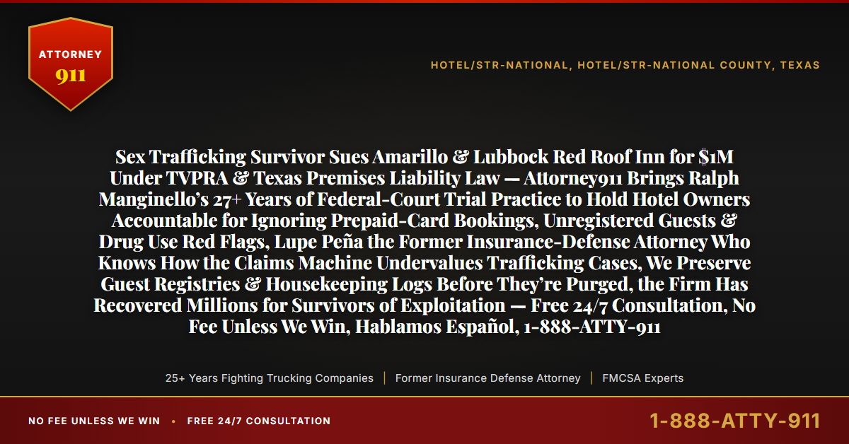 Sex Trafficking Survivor Sues Amarillo & Lubbock Red Roof Inn for $1M Under TVPRA & Texas Premises Liability Law — Attorney911 Brings Ralph Manginello’s 27+ Years of Federal-Court Trial Practice to Hold Hotel Owners Accountable for Ignoring Prepaid-Card Bookings, Unregistered Guests & Drug Use Red Flags, Lupe Peña the Former Insurance-Defense Attorney Who Knows How the Claims Machine Undervalues Trafficking Cases, We Preserve Guest Registries & Housekeeping Logs Before They’re Purged, the Firm Has Recovered Millions for Survivors of Exploitation — Free 24/7 Consultation, No Fee Unless We Win, Hablamos Español, 1-888-ATTY-911 - Attorney911