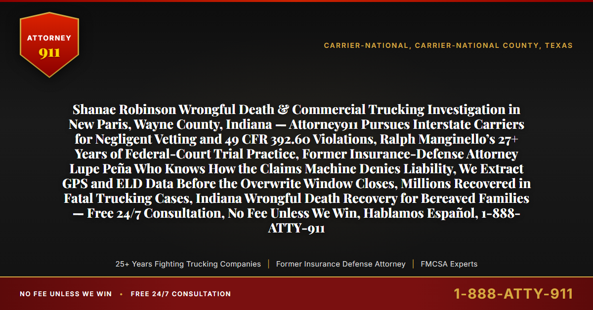Shanae Robinson Wrongful Death & Commercial Trucking Investigation in New Paris, Wayne County, Indiana — Attorney911 Pursues Interstate Carriers for Negligent Vetting and 49 CFR 392.60 Violations, Ralph Manginello’s 27+ Years of Federal-Court Trial Practice, Former Insurance-Defense Attorney Lupe Peña Who Knows How the Claims Machine Denies Liability, We Extract GPS and ELD Data Before the Overwrite Window Closes, Millions Recovered in Fatal Trucking Cases, Indiana Wrongful Death Recovery for Bereaved Families — Free 24/7 Consultation, No Fee Unless We Win, Hablamos Español, 1-888-ATTY-911 - Attorney911