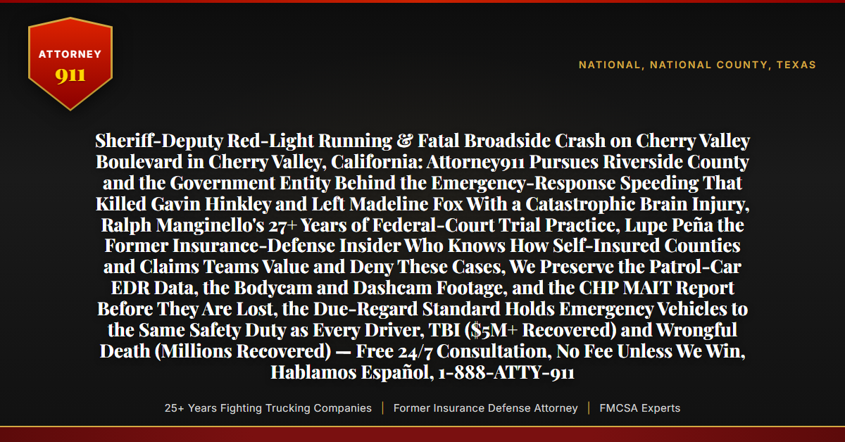 Sheriff-Deputy Red-Light Running & Fatal Broadside Crash on Cherry Valley Boulevard in Cherry Valley, California: Attorney911 Pursues Riverside County and the Government Entity Behind the Emergency-Response Speeding That Killed Gavin Hinkley and Left Madeline Fox With a Catastrophic Brain Injury, Ralph Manginello's 27+ Years of Federal-Court Trial Practice, Lupe Peña the Former Insurance-Defense Insider Who Knows How Self-Insured Counties and Claims Teams Value and Deny These Cases, We Preserve the Patrol-Car EDR Data, the Bodycam and Dashcam Footage, and the CHP MAIT Report Before They Are Lost, the Due-Regard Standard Holds Emergency Vehicles to the Same Safety Duty as Every Driver, TBI ($5M+ Recovered) and Wrongful Death (Millions Recovered) — Free 24/7 Consultation, No Fee Unless We Win, Hablamos Español, 1-888-ATTY-911 - Attorney911