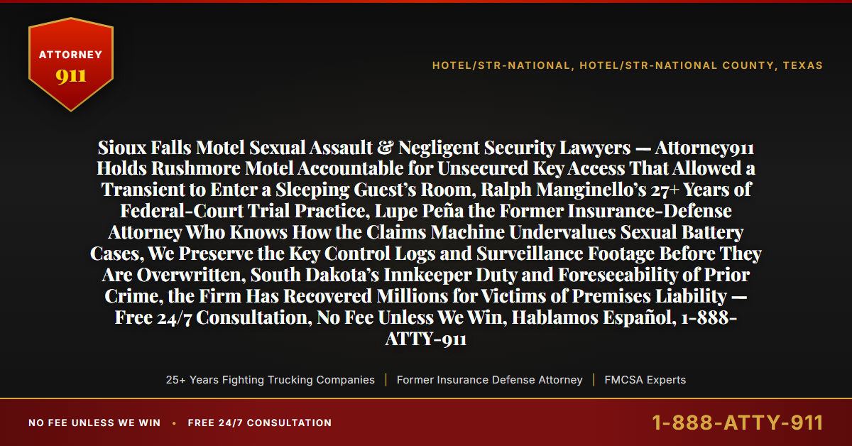 Sioux Falls Motel Sexual Assault & Negligent Security Lawyers — Attorney911 Holds Rushmore Motel Accountable for Unsecured Key Access That Allowed a Transient to Enter a Sleeping Guest’s Room, Ralph Manginello’s 27+ Years of Federal-Court Trial Practice, Lupe Peña the Former Insurance-Defense Attorney Who Knows How the Claims Machine Undervalues Sexual Battery Cases, We Preserve the Key Control Logs and Surveillance Footage Before They Are Overwritten, South Dakota’s Innkeeper Duty and Foreseeability of Prior Crime, the Firm Has Recovered Millions for Victims of Premises Liability — Free 24/7 Consultation, No Fee Unless We Win, Hablamos Español, 1-888-ATTY-911 - Attorney911