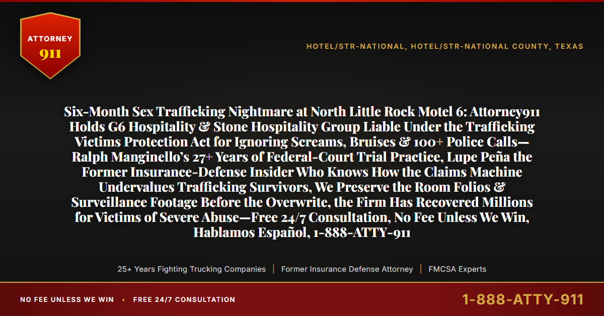 Six-Month Sex Trafficking Nightmare at North Little Rock Motel 6: Attorney911 Holds G6 Hospitality & Stone Hospitality Group Liable Under the Trafficking Victims Protection Act for Ignoring Screams, Bruises & 100+ Police Calls—Ralph Manginello’s 27+ Years of Federal-Court Trial Practice, Lupe Peña the Former Insurance-Defense Insider Who Knows How the Claims Machine Undervalues Trafficking Survivors, We Preserve the Room Folios & Surveillance Footage Before the Overwrite, the Firm Has Recovered Millions for Victims of Severe Abuse—Free 24/7 Consultation, No Fee Unless We Win, Hablamos Español, 1-888-ATTY-911 - Attorney911