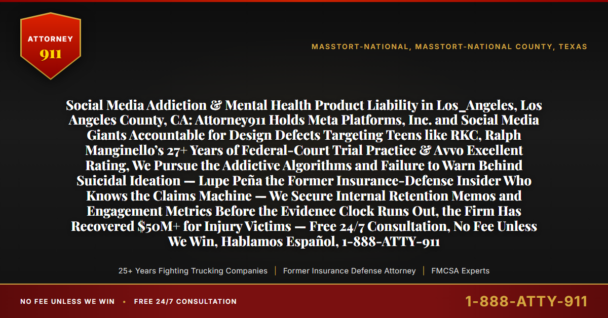Social Media Addiction & Mental Health Product Liability in Los_Angeles, Los Angeles County, CA: Attorney911 Holds Meta Platforms, Inc. and Social Media Giants Accountable for Design Defects Targeting Teens like RKC, Ralph Manginello’s 27+ Years of Federal-Court Trial Practice & Avvo Excellent Rating, We Pursue the Addictive Algorithms and Failure to Warn Behind Suicidal Ideation — Lupe Peña the Former Insurance-Defense Insider Who Knows the Claims Machine — We Secure Internal Retention Memos and Engagement Metrics Before the Evidence Clock Runs Out, the Firm Has Recovered $50M+ for Injury Victims — Free 24/7 Consultation, No Fee Unless We Win, Hablamos Español, 1-888-ATTY-911 - Attorney911