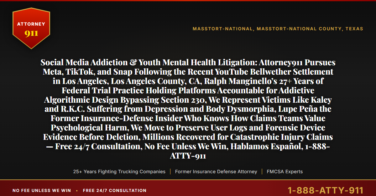 Social Media Addiction & Youth Mental Health Litigation: Attorney911 Pursues Meta, TikTok, and Snap Following the Recent YouTube Bellwether Settlement in Los Angeles, Los Angeles County, CA, Ralph Manginello’s 27+ Years of Federal Trial Practice Holding Platforms Accountable for Addictive Algorithmic Design Bypassing Section 230, We Represent Victims Like Kaley and R.K.C. Suffering from Depression and Body Dysmorphia, Lupe Peña the Former Insurance-Defense Insider Who Knows How Claims Teams Value Psychological Harm, We Move to Preserve User Logs and Forensic Device Evidence Before Deletion, Millions Recovered for Catastrophic Injury Claims — Free 24/7 Consultation, No Fee Unless We Win, Hablamos Español, 1-888-ATTY-911 - Attorney911