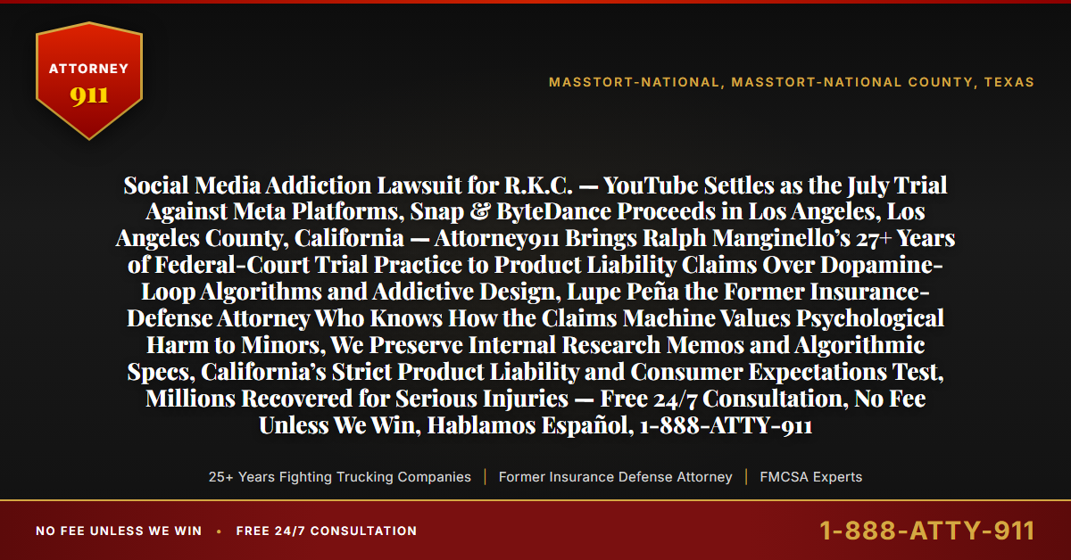Social Media Addiction Lawsuit for R.K.C. — YouTube Settles as the July Trial Against Meta Platforms, Snap & ByteDance Proceeds in Los Angeles, Los Angeles County, California — Attorney911 Brings Ralph Manginello’s 27+ Years of Federal-Court Trial Practice to Product Liability Claims Over Dopamine-Loop Algorithms and Addictive Design, Lupe Peña the Former Insurance-Defense Attorney Who Knows How the Claims Machine Values Psychological Harm to Minors, We Preserve Internal Research Memos and Algorithmic Specs, California’s Strict Product Liability and Consumer Expectations Test, Millions Recovered for Serious Injuries — Free 24/7 Consultation, No Fee Unless We Win, Hablamos Español, 1-888-ATTY-911 - Attorney911