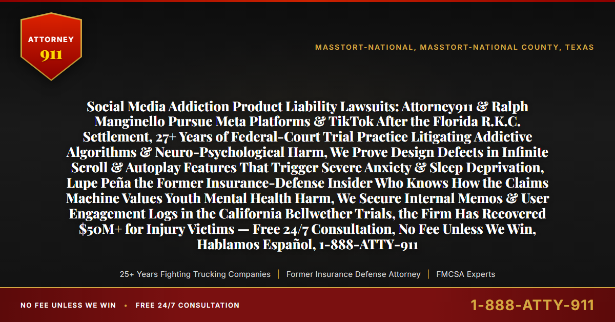 Social Media Addiction Product Liability Lawsuits: Attorney911 & Ralph Manginello Pursue Meta Platforms & TikTok After the Florida R.K.C. Settlement, 27+ Years of Federal-Court Trial Practice Litigating Addictive Algorithms & Neuro-Psychological Harm, We Prove Design Defects in Infinite Scroll & Autoplay Features That Trigger Severe Anxiety & Sleep Deprivation, Lupe Peña the Former Insurance-Defense Insider Who Knows How the Claims Machine Values Youth Mental Health Harm, We Secure Internal Memos & User Engagement Logs in the California Bellwether Trials, the Firm Has Recovered $50M+ for Injury Victims — Free 24/7 Consultation, No Fee Unless We Win, Hablamos Español, 1-888-ATTY-911 - Attorney911