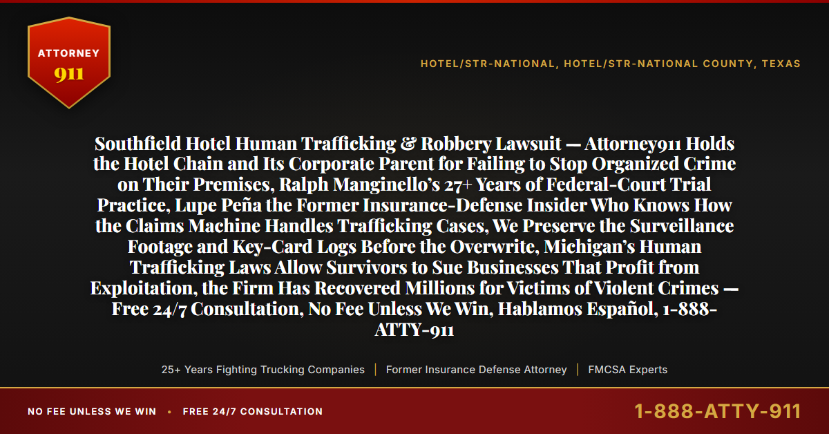 Southfield Hotel Human Trafficking & Robbery Lawsuit — Attorney911 Holds the Hotel Chain and Its Corporate Parent for Failing to Stop Organized Crime on Their Premises, Ralph Manginello’s 27+ Years of Federal-Court Trial Practice, Lupe Peña the Former Insurance-Defense Insider Who Knows How the Claims Machine Handles Trafficking Cases, We Preserve the Surveillance Footage and Key-Card Logs Before the Overwrite, Michigan’s Human Trafficking Laws Allow Survivors to Sue Businesses That Profit from Exploitation, the Firm Has Recovered Millions for Victims of Violent Crimes — Free 24/7 Consultation, No Fee Unless We Win, Hablamos Español, 1-888-ATTY-911 - Attorney911