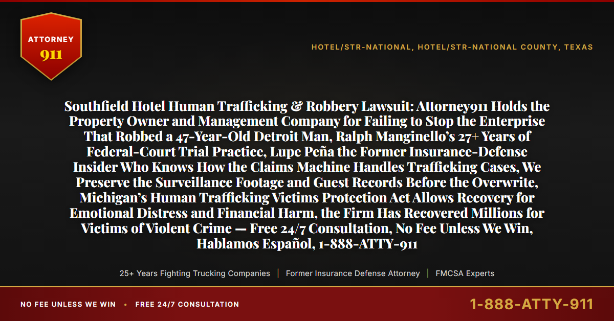 Southfield Hotel Human Trafficking & Robbery Lawsuit: Attorney911 Holds the Property Owner and Management Company for Failing to Stop the Enterprise That Robbed a 47-Year-Old Detroit Man, Ralph Manginello’s 27+ Years of Federal-Court Trial Practice, Lupe Peña the Former Insurance-Defense Insider Who Knows How the Claims Machine Handles Trafficking Cases, We Preserve the Surveillance Footage and Guest Records Before the Overwrite, Michigan’s Human Trafficking Victims Protection Act Allows Recovery for Emotional Distress and Financial Harm, the Firm Has Recovered Millions for Victims of Violent Crime — Free 24/7 Consultation, No Fee Unless We Win, Hablamos Español, 1-888-ATTY-911 - Attorney911