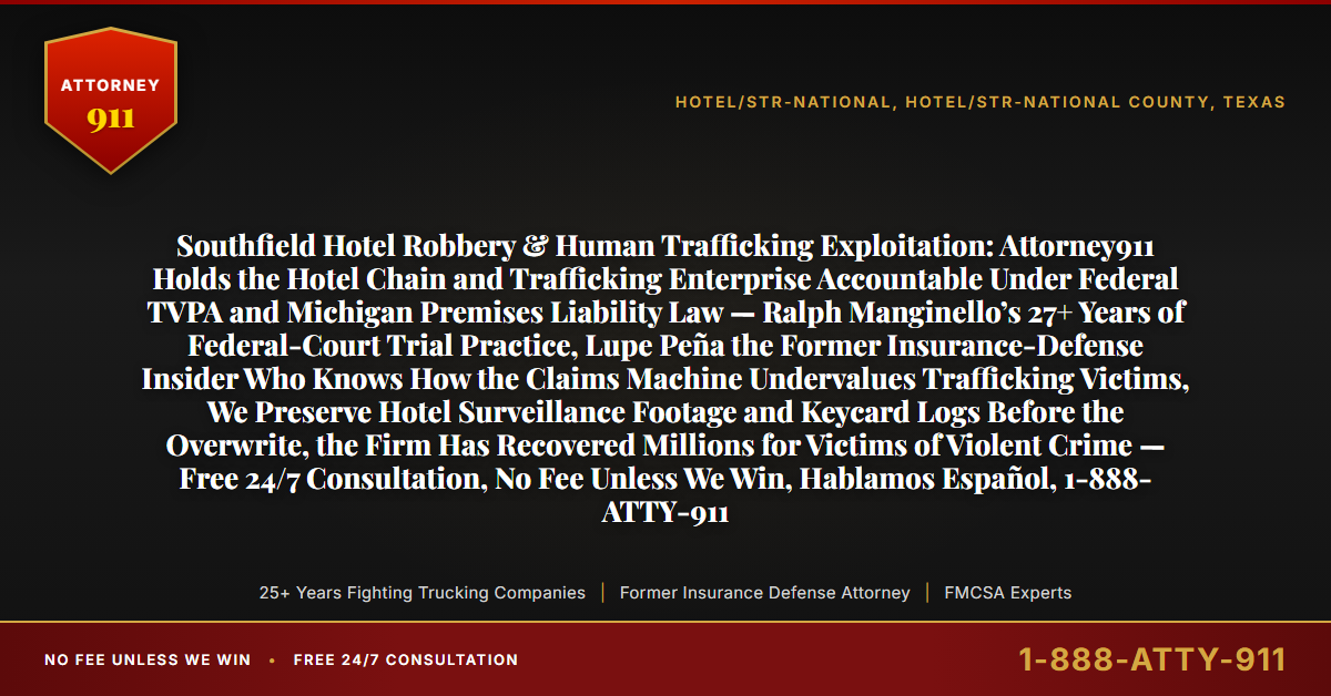 Southfield Hotel Robbery & Human Trafficking Exploitation: Attorney911 Holds the Hotel Chain and Trafficking Enterprise Accountable Under Federal TVPA and Michigan Premises Liability Law — Ralph Manginello’s 27+ Years of Federal-Court Trial Practice, Lupe Peña the Former Insurance-Defense Insider Who Knows How the Claims Machine Undervalues Trafficking Victims, We Preserve Hotel Surveillance Footage and Keycard Logs Before the Overwrite, the Firm Has Recovered Millions for Victims of Violent Crime — Free 24/7 Consultation, No Fee Unless We Win, Hablamos Español, 1-888-ATTY-911 - Attorney911