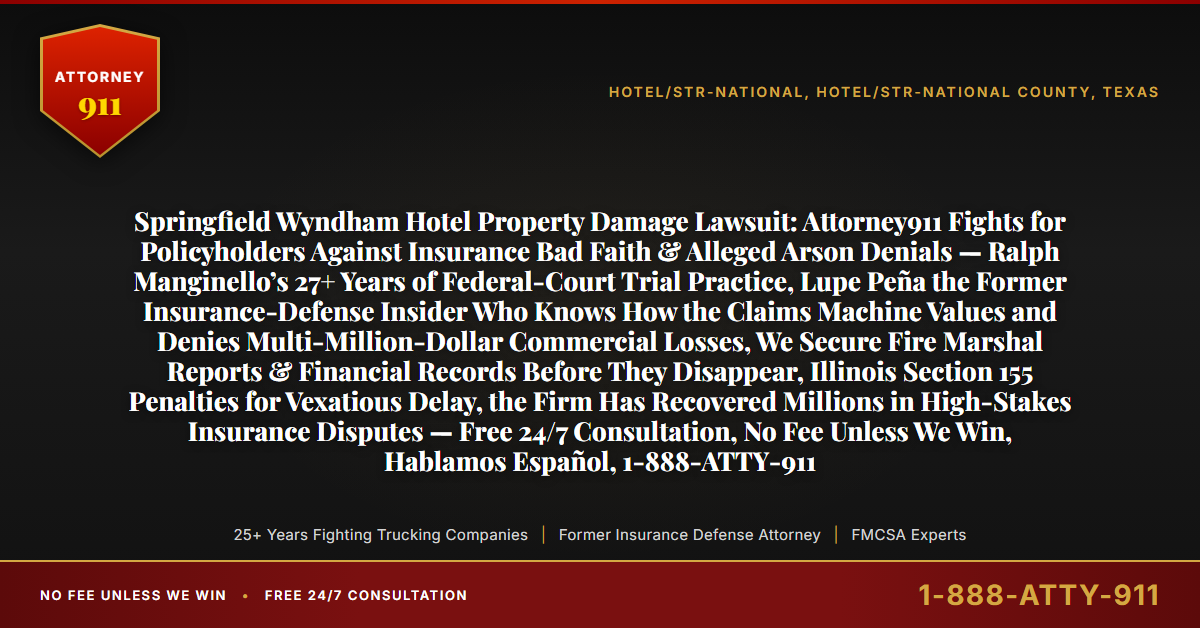 Springfield Wyndham Hotel Property Damage Lawsuit: Attorney911 Fights for Policyholders Against Insurance Bad Faith & Alleged Arson Denials — Ralph Manginello’s 27+ Years of Federal-Court Trial Practice, Lupe Peña the Former Insurance-Defense Insider Who Knows How the Claims Machine Values and Denies Multi-Million-Dollar Commercial Losses, We Secure Fire Marshal Reports & Financial Records Before They Disappear, Illinois Section 155 Penalties for Vexatious Delay, the Firm Has Recovered Millions in High-Stakes Insurance Disputes — Free 24/7 Consultation, No Fee Unless We Win, Hablamos Español, 1-888-ATTY-911 - Attorney911