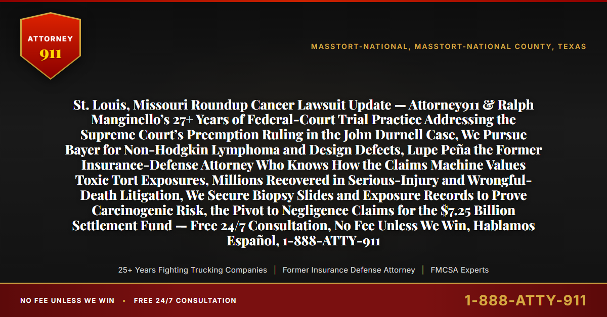 St. Louis, Missouri Roundup Cancer Lawsuit Update — Attorney911 & Ralph Manginello’s 27+ Years of Federal-Court Trial Practice Addressing the Supreme Court’s Preemption Ruling in the John Durnell Case, We Pursue Bayer for Non-Hodgkin Lymphoma and Design Defects, Lupe Peña the Former Insurance-Defense Attorney Who Knows How the Claims Machine Values Toxic Tort Exposures, Millions Recovered in Serious-Injury and Wrongful-Death Litigation, We Secure Biopsy Slides and Exposure Records to Prove Carcinogenic Risk, the Pivot to Negligence Claims for the $7.25 Billion Settlement Fund — Free 24/7 Consultation, No Fee Unless We Win, Hablamos Español, 1-888-ATTY-911 - Attorney911