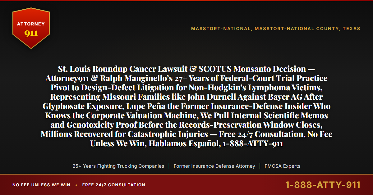St. Louis Roundup Cancer Lawsuit & SCOTUS Monsanto Decision — Attorney911 & Ralph Manginello’s 27+ Years of Federal-Court Trial Practice Pivot to Design-Defect Litigation for Non-Hodgkin’s Lymphoma Victims, Representing Missouri Families like John Durnell Against Bayer AG After Glyphosate Exposure, Lupe Peña the Former Insurance-Defense Insider Who Knows the Corporate Valuation Machine, We Pull Internal Scientific Memos and Genotoxicity Proof Before the Records-Preservation Window Closes, Millions Recovered for Catastrophic Injuries — Free 24/7 Consultation, No Fee Unless We Win, Hablamos Español, 1-888-ATTY-911 - Attorney911