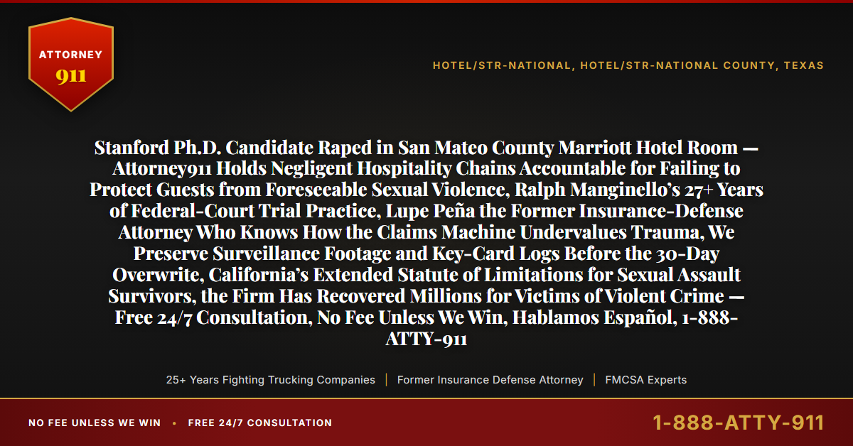 Stanford Ph.D. Candidate Raped in San Mateo County Marriott Hotel Room — Attorney911 Holds Negligent Hospitality Chains Accountable for Failing to Protect Guests from Foreseeable Sexual Violence, Ralph Manginello’s 27+ Years of Federal-Court Trial Practice, Lupe Peña the Former Insurance-Defense Attorney Who Knows How the Claims Machine Undervalues Trauma, We Preserve Surveillance Footage and Key-Card Logs Before the 30-Day Overwrite, California’s Extended Statute of Limitations for Sexual Assault Survivors, the Firm Has Recovered Millions for Victims of Violent Crime — Free 24/7 Consultation, No Fee Unless We Win, Hablamos Español, 1-888-ATTY-911 - Attorney911