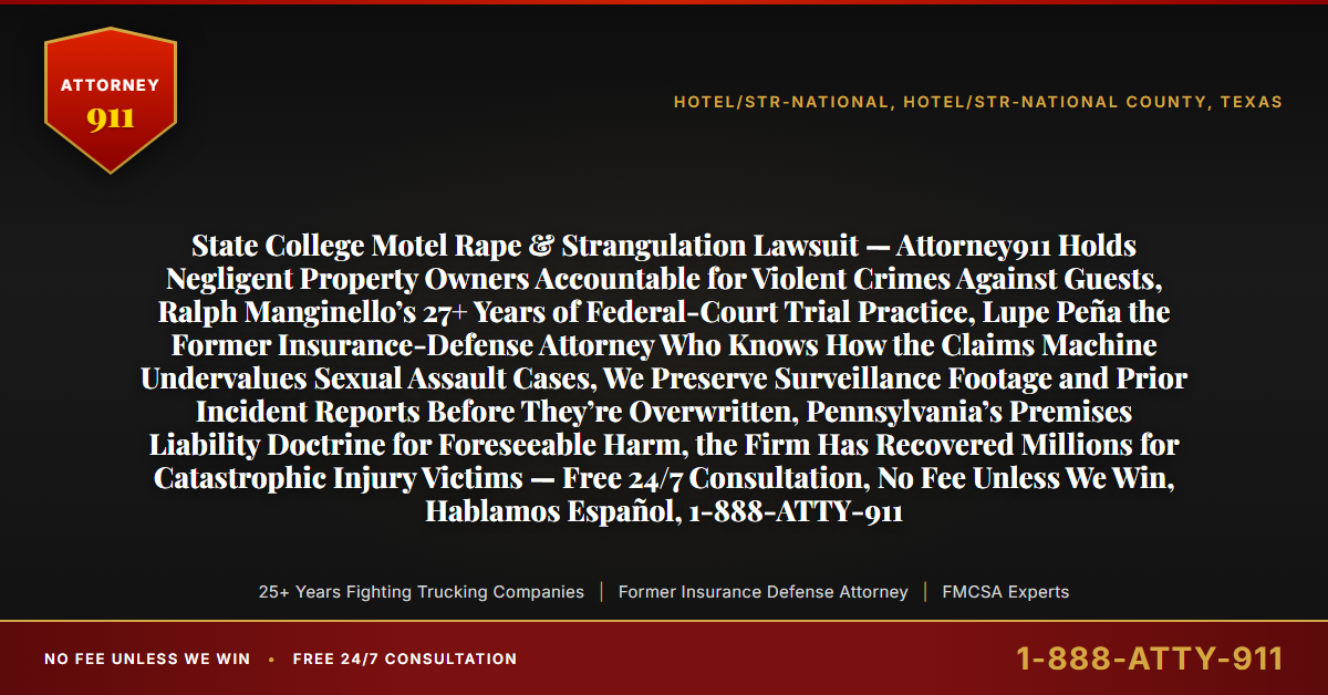 State College Motel Rape & Strangulation Lawsuit — Attorney911 Holds Negligent Property Owners Accountable for Violent Crimes Against Guests, Ralph Manginello’s 27+ Years of Federal-Court Trial Practice, Lupe Peña the Former Insurance-Defense Attorney Who Knows How the Claims Machine Undervalues Sexual Assault Cases, We Preserve Surveillance Footage and Prior Incident Reports Before They’re Overwritten, Pennsylvania’s Premises Liability Doctrine for Foreseeable Harm, the Firm Has Recovered Millions for Catastrophic Injury Victims — Free 24/7 Consultation, No Fee Unless We Win, Hablamos Español, 1-888-ATTY-911 - Attorney911