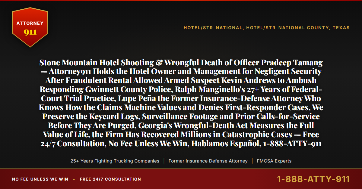 Stone Mountain Hotel Shooting & Wrongful Death of Officer Pradeep Tamang — Attorney911 Holds the Hotel Owner and Management for Negligent Security After Fraudulent Rental Allowed Armed Suspect Kevin Andrews to Ambush Responding Gwinnett County Police, Ralph Manginello's 27+ Years of Federal-Court Trial Practice, Lupe Peña the Former Insurance-Defense Attorney Who Knows How the Claims Machine Values and Denies First-Responder Cases, We Preserve the Keycard Logs, Surveillance Footage and Prior Calls-for-Service Before They Are Purged, Georgia's Wrongful-Death Act Measures the Full Value of Life, the Firm Has Recovered Millions in Catastrophic Cases — Free 24/7 Consultation, No Fee Unless We Win, Hablamos Español, 1-888-ATTY-911 - Attorney911