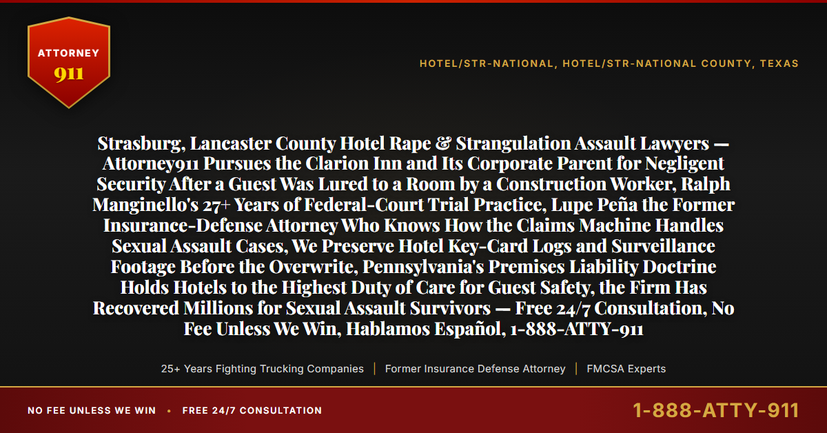Strasburg, Lancaster County Hotel Rape & Strangulation Assault Lawyers — Attorney911 Pursues the Clarion Inn and Its Corporate Parent for Negligent Security After a Guest Was Lured to a Room by a Construction Worker, Ralph Manginello's 27+ Years of Federal-Court Trial Practice, Lupe Peña the Former Insurance-Defense Attorney Who Knows How the Claims Machine Handles Sexual Assault Cases, We Preserve Hotel Key-Card Logs and Surveillance Footage Before the Overwrite, Pennsylvania's Premises Liability Doctrine Holds Hotels to the Highest Duty of Care for Guest Safety, the Firm Has Recovered Millions for Sexual Assault Survivors — Free 24/7 Consultation, No Fee Unless We Win, Hablamos Español, 1-888-ATTY-911 - Attorney911