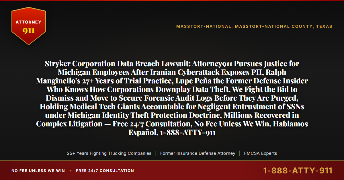 Stryker Corporation Data Breach Lawsuit: Attorney911 Pursues Justice for Michigan Employees After Iranian Cyberattack Exposes PII, Ralph Manginello's 27+ Years of Trial Practice, Lupe Peña the Former Defense Insider Who Knows How Corporations Downplay Data Theft, We Fight the Bid to Dismiss and Move to Secure Forensic Audit Logs Before They Are Purged, Holding Medical Tech Giants Accountable for Negligent Entrustment of SSNs under Michigan Identity Theft Protection Doctrine, Millions Recovered in Complex Litigation — Free 24/7 Consultation, No Fee Unless We Win, Hablamos Español, 1-888-ATTY-911 - Attorney911