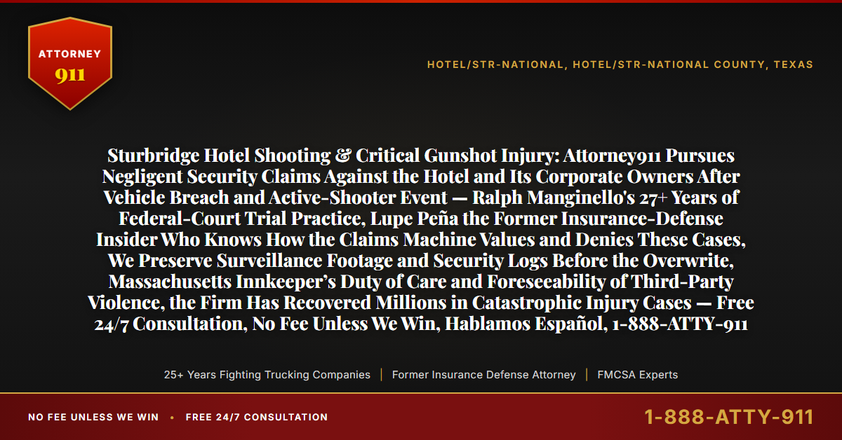 Sturbridge Hotel Shooting & Critical Gunshot Injury: Attorney911 Pursues Negligent Security Claims Against the Hotel and Its Corporate Owners After Vehicle Breach and Active-Shooter Event — Ralph Manginello's 27+ Years of Federal-Court Trial Practice, Lupe Peña the Former Insurance-Defense Insider Who Knows How the Claims Machine Values and Denies These Cases, We Preserve Surveillance Footage and Security Logs Before the Overwrite, Massachusetts Innkeeper’s Duty of Care and Foreseeability of Third-Party Violence, the Firm Has Recovered Millions in Catastrophic Injury Cases — Free 24/7 Consultation, No Fee Unless We Win, Hablamos Español, 1-888-ATTY-911 - Attorney911