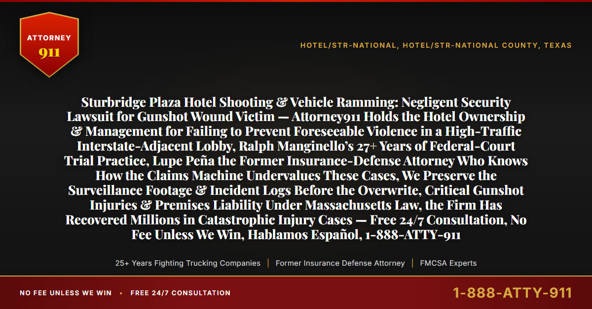 Sturbridge Plaza Hotel Shooting & Vehicle Ramming: Negligent Security Lawsuit for Gunshot Wound Victim — Attorney911 Holds the Hotel Ownership & Management for Failing to Prevent Foreseeable Violence in a High-Traffic Interstate-Adjacent Lobby, Ralph Manginello’s 27+ Years of Federal-Court Trial Practice, Lupe Peña the Former Insurance-Defense Attorney Who Knows How the Claims Machine Undervalues These Cases, We Preserve the Surveillance Footage & Incident Logs Before the Overwrite, Critical Gunshot Injuries & Premises Liability Under Massachusetts Law, the Firm Has Recovered Millions in Catastrophic Injury Cases — Free 24/7 Consultation, No Fee Unless We Win, Hablamos Español, 1-888-ATTY-911 - Attorney911