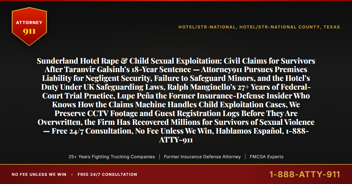 Sunderland Hotel Rape & Child Sexual Exploitation: Civil Claims for Survivors After Taranvir Galsinh’s 18-Year Sentence — Attorney911 Pursues Premises Liability for Negligent Security, Failure to Safeguard Minors, and the Hotel’s Duty Under UK Safeguarding Laws, Ralph Manginello’s 27+ Years of Federal-Court Trial Practice, Lupe Peña the Former Insurance-Defense Insider Who Knows How the Claims Machine Handles Child Exploitation Cases, We Preserve CCTV Footage and Guest Registration Logs Before They Are Overwritten, the Firm Has Recovered Millions for Survivors of Sexual Violence — Free 24/7 Consultation, No Fee Unless We Win, Hablamos Español, 1-888-ATTY-911 - Attorney911