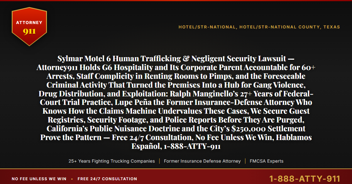 Sylmar Motel 6 Human Trafficking & Negligent Security Lawsuit — Attorney911 Holds G6 Hospitality and Its Corporate Parent Accountable for 60+ Arrests, Staff Complicity in Renting Rooms to Pimps, and the Foreseeable Criminal Activity That Turned the Premises Into a Hub for Gang Violence, Drug Distribution, and Exploitation: Ralph Manginello’s 27+ Years of Federal-Court Trial Practice, Lupe Peña the Former Insurance-Defense Attorney Who Knows How the Claims Machine Undervalues These Cases, We Secure Guest Registries, Security Footage, and Police Reports Before They Are Purged, California’s Public Nuisance Doctrine and the City’s $250,000 Settlement Prove the Pattern — Free 24/7 Consultation, No Fee Unless We Win, Hablamos Español, 1-888-ATTY-911 - Attorney911