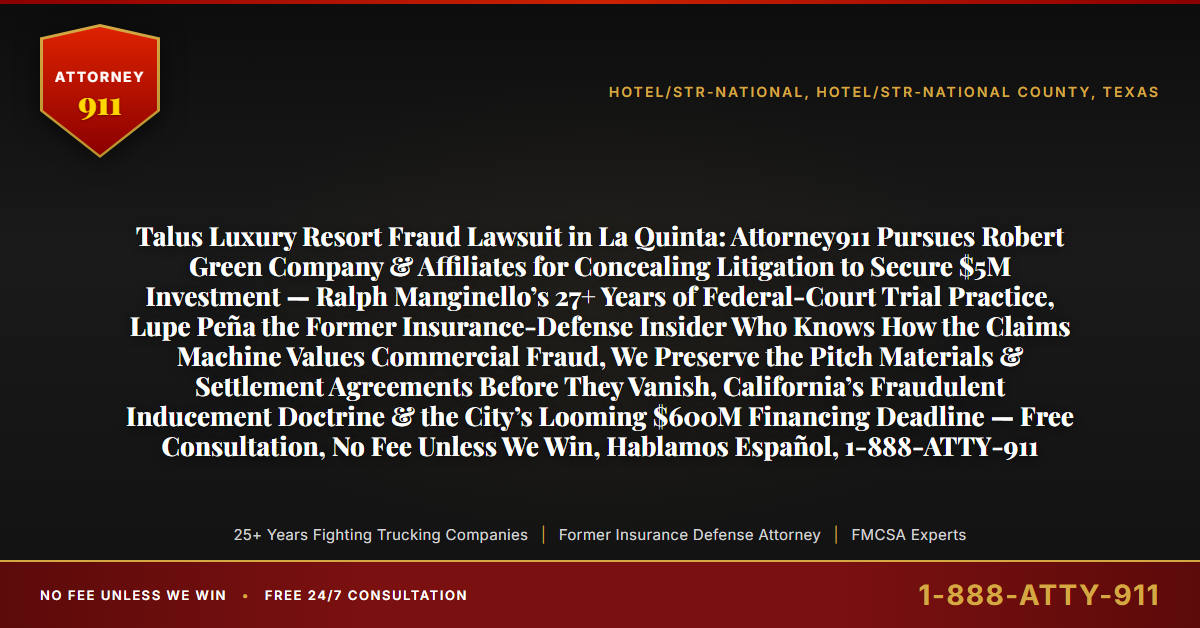 Talus Luxury Resort Fraud Lawsuit in La Quinta: Attorney911 Pursues Robert Green Company & Affiliates for Concealing Litigation to Secure $5M Investment — Ralph Manginello’s 27+ Years of Federal-Court Trial Practice, Lupe Peña the Former Insurance-Defense Insider Who Knows How the Claims Machine Values Commercial Fraud, We Preserve the Pitch Materials & Settlement Agreements Before They Vanish, California’s Fraudulent Inducement Doctrine & the City’s Looming $600M Financing Deadline — Free Consultation, No Fee Unless We Win, Hablamos Español, 1-888-ATTY-911 - Attorney911