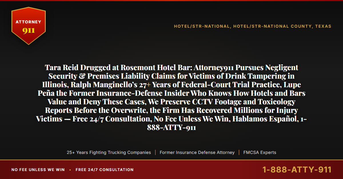 Tara Reid Drugged at Rosemont Hotel Bar: Attorney911 Pursues Negligent Security & Premises Liability Claims for Victims of Drink Tampering in Illinois, Ralph Manginello’s 27+ Years of Federal-Court Trial Practice, Lupe Peña the Former Insurance-Defense Insider Who Knows How Hotels and Bars Value and Deny These Cases, We Preserve CCTV Footage and Toxicology Reports Before the Overwrite, the Firm Has Recovered Millions for Injury Victims — Free 24/7 Consultation, No Fee Unless We Win, Hablamos Español, 1-888-ATTY-911 - Attorney911