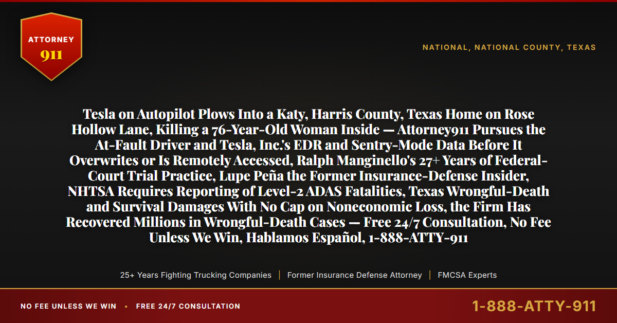 Tesla on Autopilot Plows Into a Katy, Harris County, Texas Home on Rose Hollow Lane, Killing a 76-Year-Old Woman Inside — Attorney911 Pursues the At-Fault Driver and Tesla, Inc.'s EDR and Sentry-Mode Data Before It Overwrites or Is Remotely Accessed, Ralph Manginello's 27+ Years of Federal-Court Trial Practice, Lupe Peña the Former Insurance-Defense Insider, NHTSA Requires Reporting of Level-2 ADAS Fatalities, Texas Wrongful-Death and Survival Damages With No Cap on Noneconomic Loss, the Firm Has Recovered Millions in Wrongful-Death Cases — Free 24/7 Consultation, No Fee Unless We Win, Hablamos Español, 1-888-ATTY-911 - Attorney911
